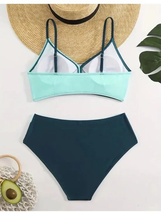 Bikini Set High Waisted Bottom & Twist Front Top Size M Green & Teal - Picture 10 of 10